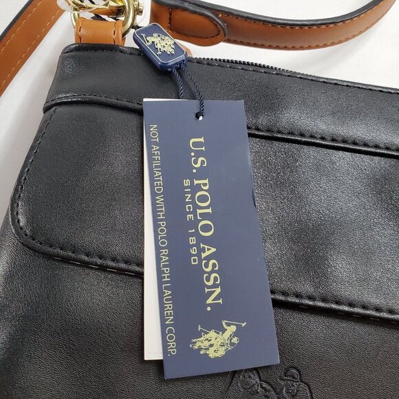 U.S. Polo Assn. Black & Tan Crossbody Bag Purse Embossed Logo & Adjustable Strap - Picture 3 of 12